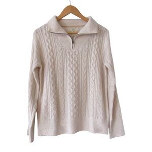 Fat Face Cable Knit Polo Sweater US 6 Cream Zip Collar Stretch Classic Preppy